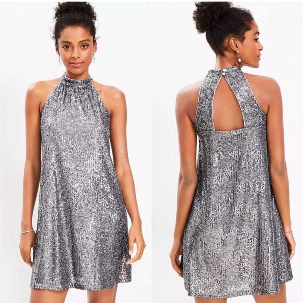 LOFT Shimmering Silver Backless Dress